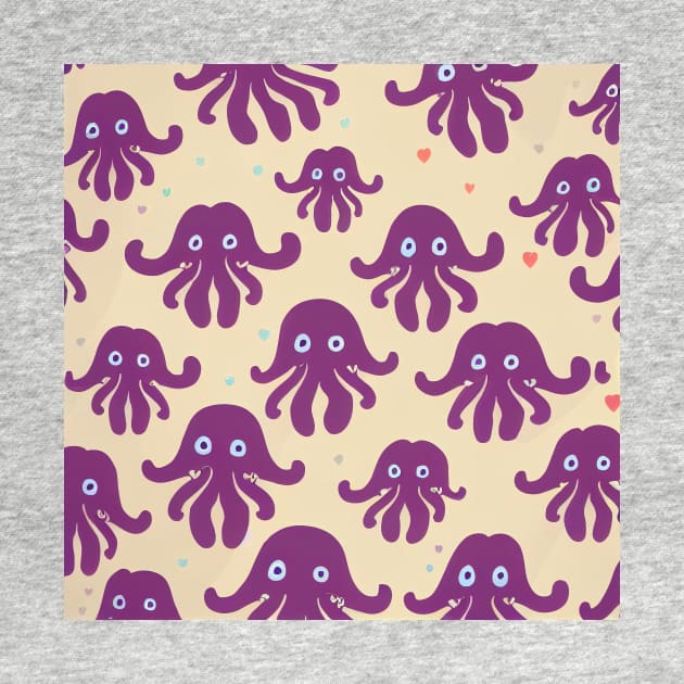 A fun vividly colored pattern of cute pink octopi and hearts swimming around the ocean  in a cartoonish minimalist style inspired by credit scenes anime movie and television series.  Thank you for supporting an indie artist! by JensenArtCo